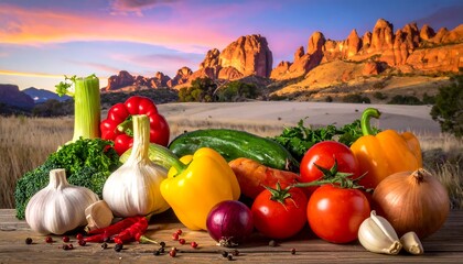 Colorful vegetables against a scenic sunset landscape