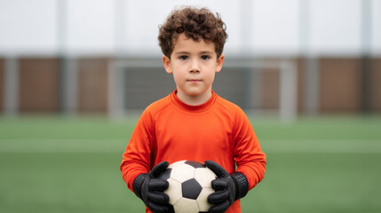 Young boy goalkeeper wearing orange jersey and black gloves holding soccer ball on green field, focused and determined expression, youth sports concept
