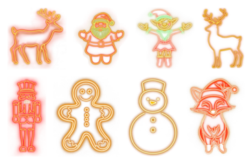 PNG Festive neon holiday characters, element set on transparent background