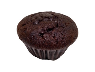 A rich chocolate muffin with a domed top and visible chips, wrapped in a dark liner, on a white background—simple, bold, and delicious-looking.
