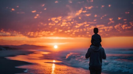 Father carrying son on shoulders enjoying sunset beach