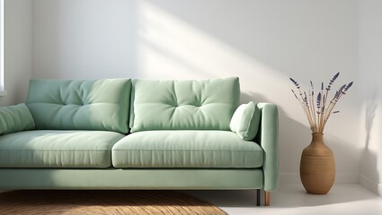 Comfortable mint green sofa bathed in warm sunlight
