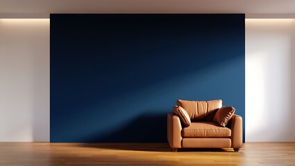 Modern living room with a single brown leather armchair against a dark blue wall