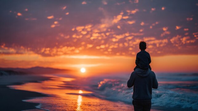 Father carrying son on shoulders enjoying sunset beach
