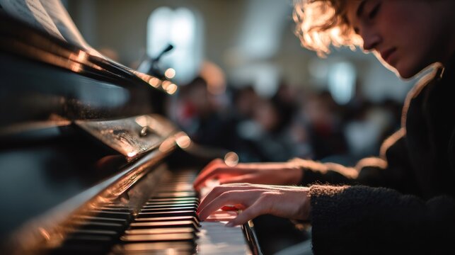 Pianist playing piano keys at a concert