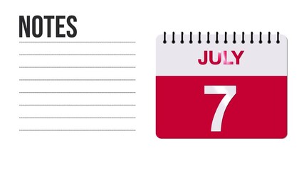 July 7 Calendar Animation with Free Space for Notes and Writing 4K motion graphic element