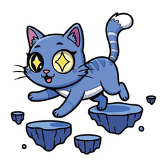 Cartoon Cat's Celestial Journey: A playful cartoon cat with sparkling eyes bounds across floating platforms, embarking on an adventurous journey in a whimsical and imaginative realm. 