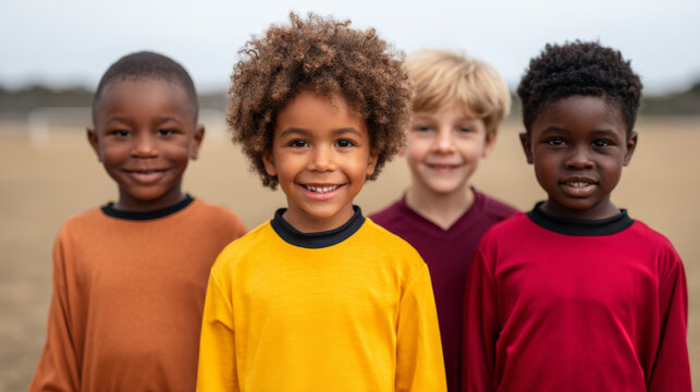 Diverse children smiling together on soccer field, wearing colorful sports jerseys, expressing happiness and friendship, outdoor activity, teamwork, inclusivity