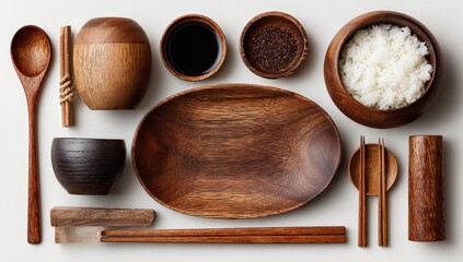 Wooden Asian dining set, overhead view.  Various bowls, spoons, chopsticks, and a platter, all in light brown and dark brown wood