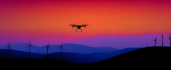 The drone dances over wind farm blades like shadows chasing sunset whispers.