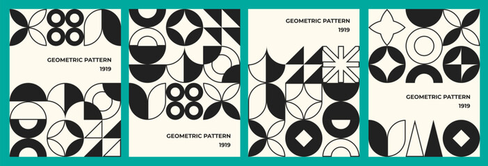 Set of minimalist geometric posters. Abstract retro y2k style art with simple shapes in black, white. Modern graphic, decorative square elements for New Year, Xmas background, postcard. Vector EPS10