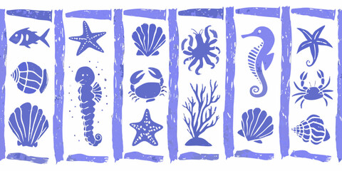 Whimsical blue nautical sea creatures and shells collection in vertical panels