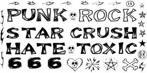 Collection of hand drawn punk rock style text and symbols with skulls stars and lightning bolts