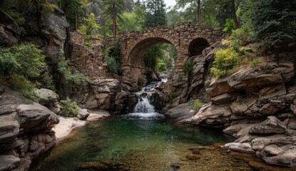 Rocky mountain creek with a stone arch bridge and waterfall