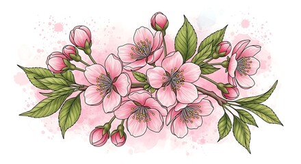 Detailed Watercolor Cherry Blossom Branch Floral Arrangement Illustration