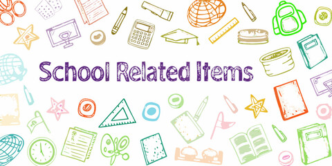 Collection of colorful hand drawn school related items and supplies on a white background