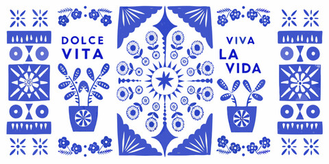 Vibrant blue and white folk art pattern with floral motifs and inspirational phrases © Smritykona