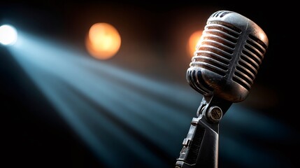 Vintage microphone on stage with spotlight during performance
