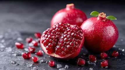 Fresh Pomegranates with Red Arils on Dark Background Selective Focus