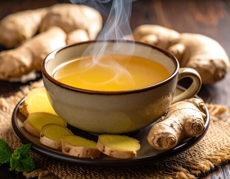Warm ginger tea steaming in a cup, surrounded by ginger root slices and fresh mint