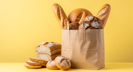 Assorted Gourmet Bread in Paper Bag Still Life on Yellow Backdrop