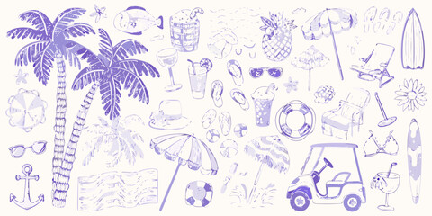 Collection of hand drawn purple summer beach vacation icons and elements