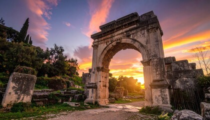 Obraz premium Ancient Stone Archway Ruins Amidst Greenery at Colorful Sunset Sky Remains of Roman Architectural Wonders With Vibrant Sky