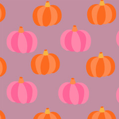 Colorful seamless pattern with hand-drawn pumpkins in a simple flat design. Bright autumn palette with orange, yellow, and red tones. Perfect for seasonal backgrounds, wrapping paper, fabric prints, 