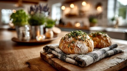 Freshly baked homemade bread with rosemary on cutting board