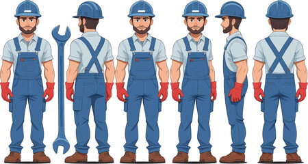 Construction worker using wrench, various perspectives. Suitable for construction, maintenance, repair, labor, industrial themes in design projects.