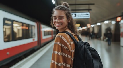Young woman with long hair wearing striped sweater and backpack smiles at the camera while standing on a subway platform, with a train approaching in the background