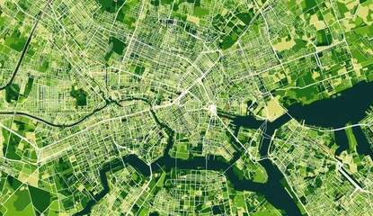 Fototapeta premium High-level aerial map of a metropolitan area. Green, light green, and tan areas show urban, suburban, and rural land use. Visible are waterways, roads, and transportation infrastructure. 
