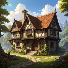 Fototapeta premium A charming, sunlit, medieval-style house with a meticulously detailed facade, nestled amongst flourishing gardens and a scenic landscape.