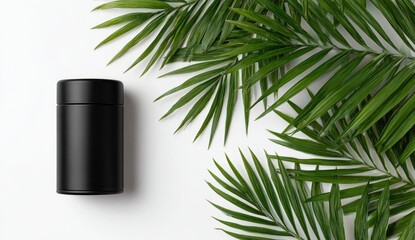 Obraz premium A matte black cylindrical container sits atop a white surface, surrounded by lush palm fronds