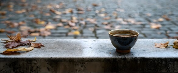 Naklejka premium Understatement shows in a simple ceramic teacup on stone under a soft gray sky.