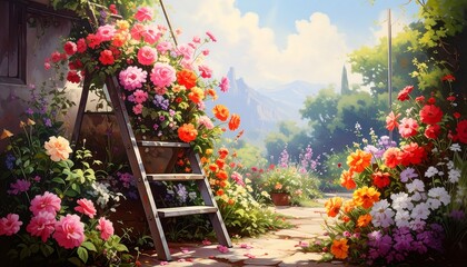 A picturesque garden path lined with vibrant flowers, a wooden ladder laden with blossoms, and a backdrop of rolling hills.