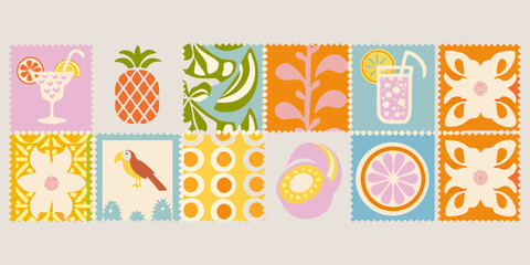Collection of colorful retro inspired postage stamps featuring tropical fruits drinks and nature motifs