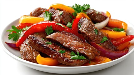 Sauteed beef strips with red & yellow peppers and onions on white plate