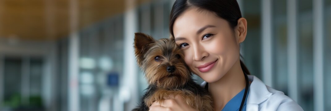Asian female veterinarian with yorkshire terrier in clinic setting
