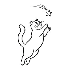 Whimsical Feline Dream: A charming cat reaches toward a shooting star. This adorable illustration evokes a sense of wonder and the playful innocence of childhood.