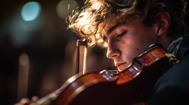 Young musician playing violin with intense concentration