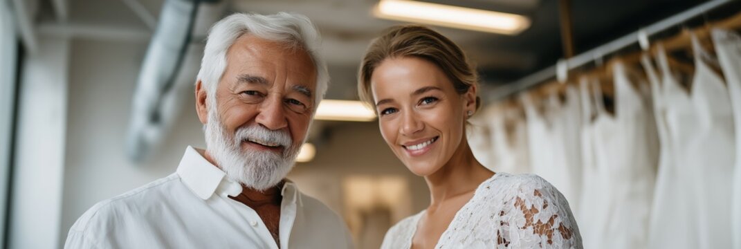 Elderly caucasian male and young caucasian female smiling in bridal shop - Powered by Adobe