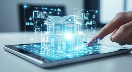 Futuristic 3D Wireframe House Design on Tablet for Real Estate Planning