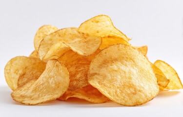 A pile of golden potato chips against a white background.  The chips are crisp and layered, showing a light golden-brown color and slightly uneven edges.  A close-up view