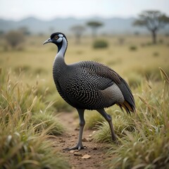 A guineafowl bird walking on the ground in African grasslands, spotted feathers and unique head shape clearly visible, natural wildlife scene, ultra realistic, stock photo style