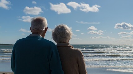 Elderly couple standing together on a beach, gazing at the ocean waves under a bright blue sky with fluffy clouds, capturing a moment of love and companionship