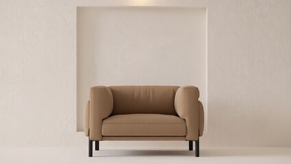 Modern taupe armchair with minimalist design in a bright room