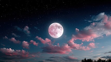 Full Moon Glowing Brightly in Dark Night Sky with Wispy Pink Clouds and Silhouette of Trees at Horizon Tranquil Nightscape and Celestial View