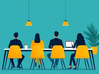 Leadership team executing vision plan at glowing desk, flat design illustration