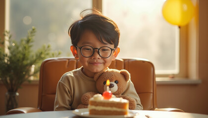 Happy Asian boy celebrating birthday with cake and teddy bear  